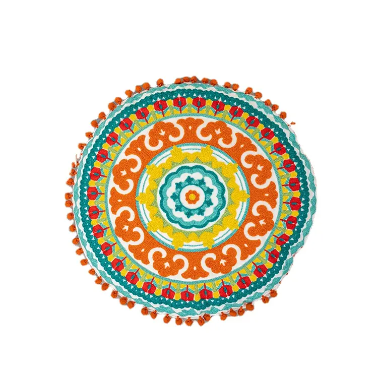 Indian Ethnic Style Round Towel Embroidery Cotton Custom Cushion Cover Flower Pattern Home Decor Pillows with Pompom