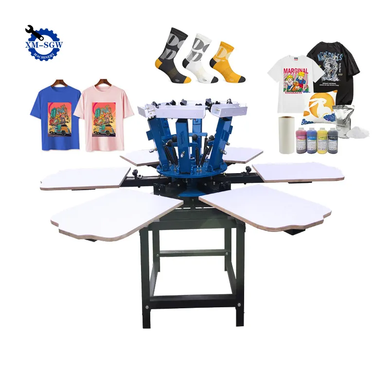 High Quality Manual MicroRegistration flatbed octopus Printing Machine 6 Color 6 Station T-shirts Rotary Screen Printing Machine