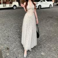 Robe licou à pois élégant taille-cintrage été décontracté arête de poisson col en v longue robe avec robe Maxi dos nu Sexy