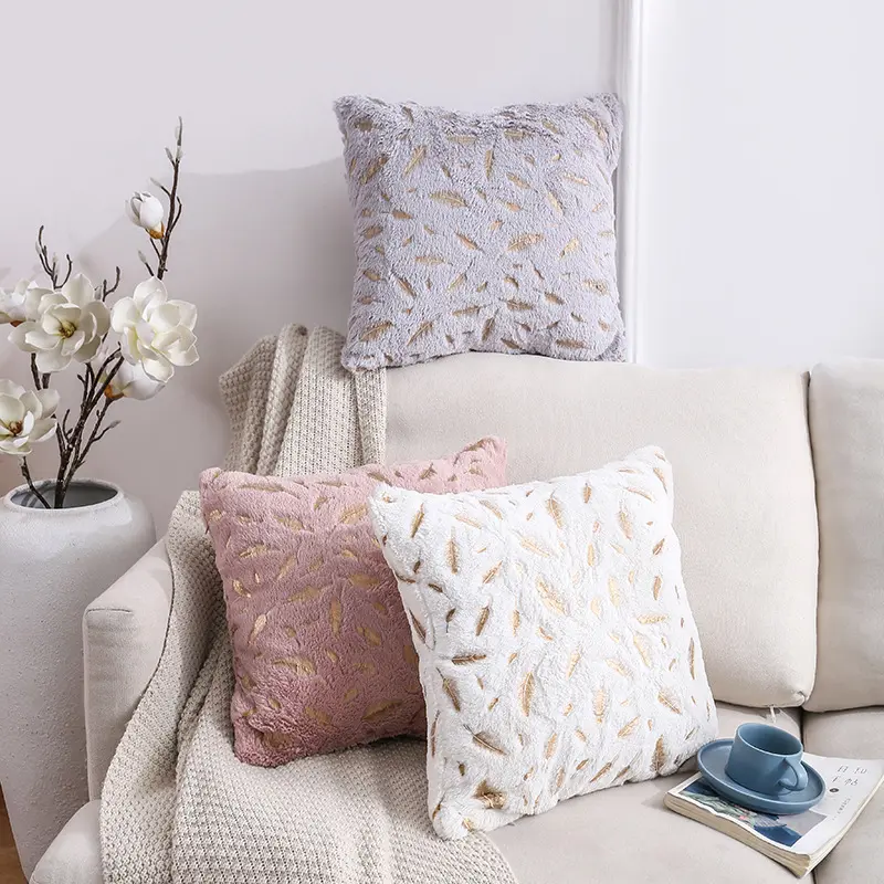 Double-sided Feather Print Short Plush Pillowcase Home Decoration Cushion Covers 