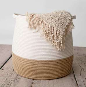 Rope Storage Basket Collapsible <strong>White</strong> Folding Weave <strong>Laundry</strong> <strong>Hamper</strong> - Product Image 1