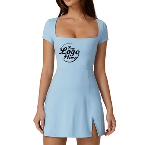 Vestido midi elegante de noche para mujer, cuello cuadrado, manga corta, pantalones cortos incorporados, cremalleras deportivas, bolsillos, 100% algodón - Product Image 6