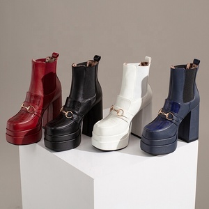 on Women's Big US Size 15 Short Ankle <b>Boots</b> Metal Ornaments Chunky Heels Shoes Stretch Top Wide Feet Pumps for Ladies - Product Image 6