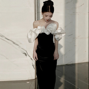Evening Gown French Style Black Off The Shoulder Contrast Color Natural Waistline Slim Fit For Coming Of Age Ceremony - Product Image 4