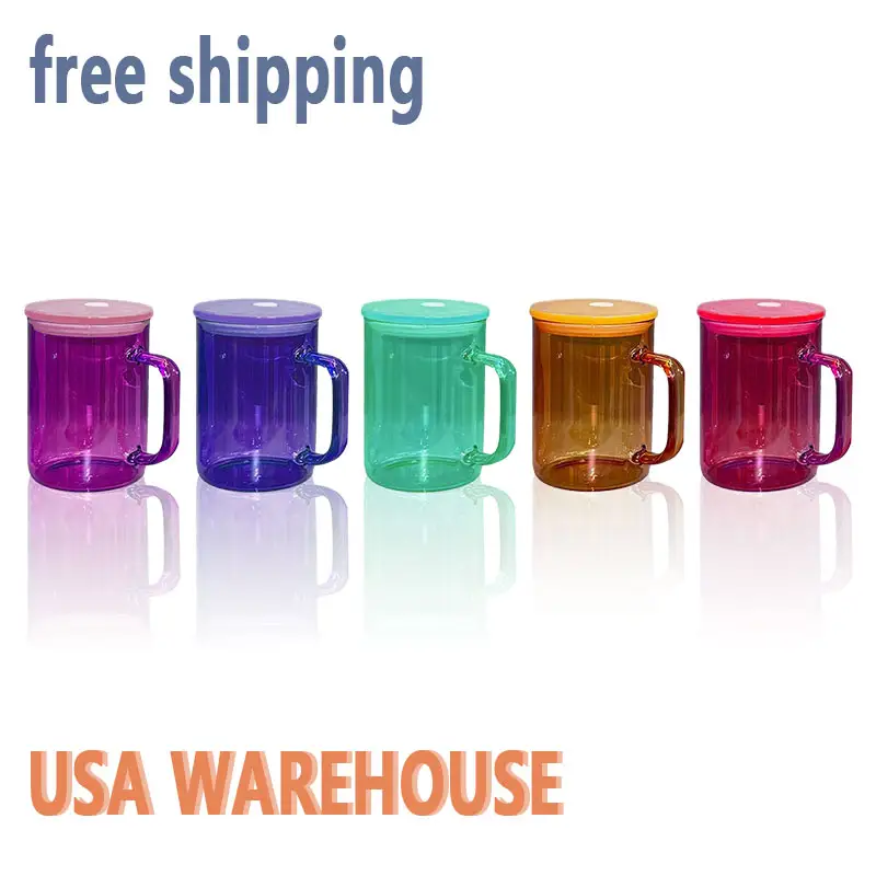 USA Warenlager Großhandel 17 Unzen durchsichtiger gelee-Glasbecher modernes Design bunte Sublimations-Blätter mit farbigem Kunststoff-Dekor Strohhalm