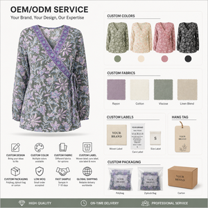 Chemisier en coton personnalisé pour <span class=keywords><strong>femme</strong></span>, manches longues, col en V, imprimé floral, tunique portefeuille, style bohème, vert et violet, fabricant de vêtements en coton - Product Image 5