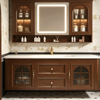 Ensemble de meubles de salle de bain de luxe en bois de noyer avec porte en verre cintrée, armoire flottante et miroir LED intelligent – Fabrication OEM/ODM sur mesure