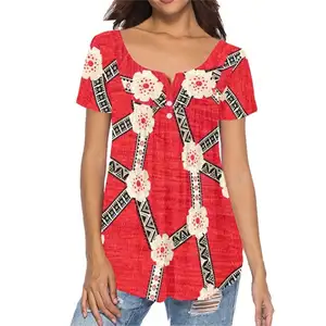 Individueller Sublimationsdruck Damen 2024 polynesische indigener rosa Hibiskus Samoa Tapa Blume 2024 individuelle V-Ausschnitt-T-Shirts
