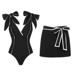 Women 2 Piece Swimwear Set V Neck Double Shoulder Big Bow One Piece Swimsuit With Matching <b>Swim</b> <b>Skirt</b> Beach Bathing <b>Suit</b> OEM ODM - Product Image 5