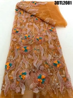 Nouvelle Tendance Philippines : Tissu en Dentelle 3D Fleurs Rose Pâle avec Perles pour Robe de Mariée, Dentelle Perlée et Paillettes en Maille pour Fête