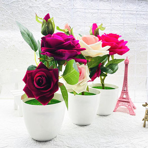 Bonsaï de rose artificielle Qi Xing 26 cm, fleur en soie hautement réaliste, plante en pot pour la décoration de la maison et des mariages - Product Image 1