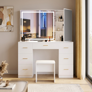 <span class=keywords><strong>Coiffeuse</strong></span> moderne blanche 1000-1200 mm avec miroir LED éclairé et tabouret, 5 tiroirs, pour chambre à coucher - Product Image 3