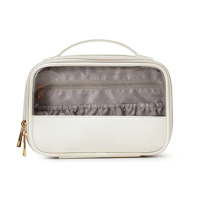 Custom Double Zippers Leather make up toilet bag With PVC Pocket Large Clear Cosmetic Cases for Travel