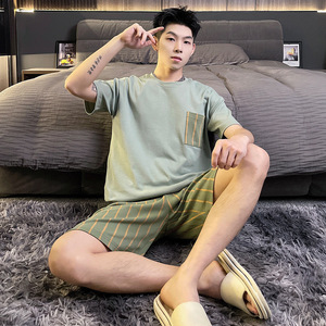 Set <span class=keywords><strong>pigiama</strong></span> in <span class=keywords><strong>cotone</strong></span> traspirante da <span class=keywords><strong>uomo</strong></span> estivo a manica corta Casual in due pezzi per indumenti da casa <span class=keywords><strong>pantaloncini</strong></span> da notte per la stagione calda - Product Image 5