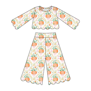 Pre-ordenar Conjunto de 2 Piezas para Niñas con Estampado de Halloween de Otoño, Lindo Conjunto de Pantalones de Pierna Ancha con Ribete Festoneado y Manga Larga, Ropa de Moda - Product Image 6