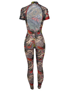 Mono <span class=keywords><strong>de</strong></span> malla con estampado <span class=keywords><strong>de</strong></span> <span class=keywords><strong>tatuajes</strong></span> para <span class=keywords><strong>mujer</strong></span>, cuello alto, <span class=keywords><strong>manga</strong></span> corta, transparente, sin espalda, Catsuit sexy ajustado, ropa <span class=keywords><strong>de</strong></span> club, Unitard - Product Image 5