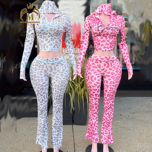 Setelan 2 Potong Jaket Hoodie Leopard Kasual Musim Semi Gugur Wanita Trendy dan Celana Flare, Jaket Musim Gugur dan Celana, Pakaian Wanita Dua Potong - Product Image 1