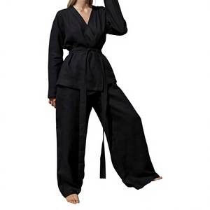 Ensemble Kimono et Pantalon Large en Lin Rose Poudré Écologique Respirant de Haute Qualité pour Femme, Manches Longues, Style Cache-Cœur, Tenue Décontractée avec Ceinture à la Taille - Product Image 5