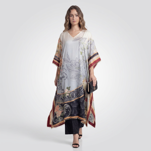 Vestido Largo Kaftán de Poliéster y Seda con Estampado y Cuello en V para Mujer, Transpirable, Holgado, Elegante, Fluido, Estilo Modesto, para Verano - Product Image 1