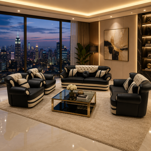 Conjunto de sofás modernos en contraste, sofá de cuero negro y crema 1+1+2+3 con capitoné de botones de diamante, muebles para sala de estar - Product Image 3