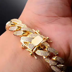 New Design Hip Hop Fashion Sterling Silver Jewelry Gold Chain Pave Red Zircon Stones Cuban Miami Bracelet For Men