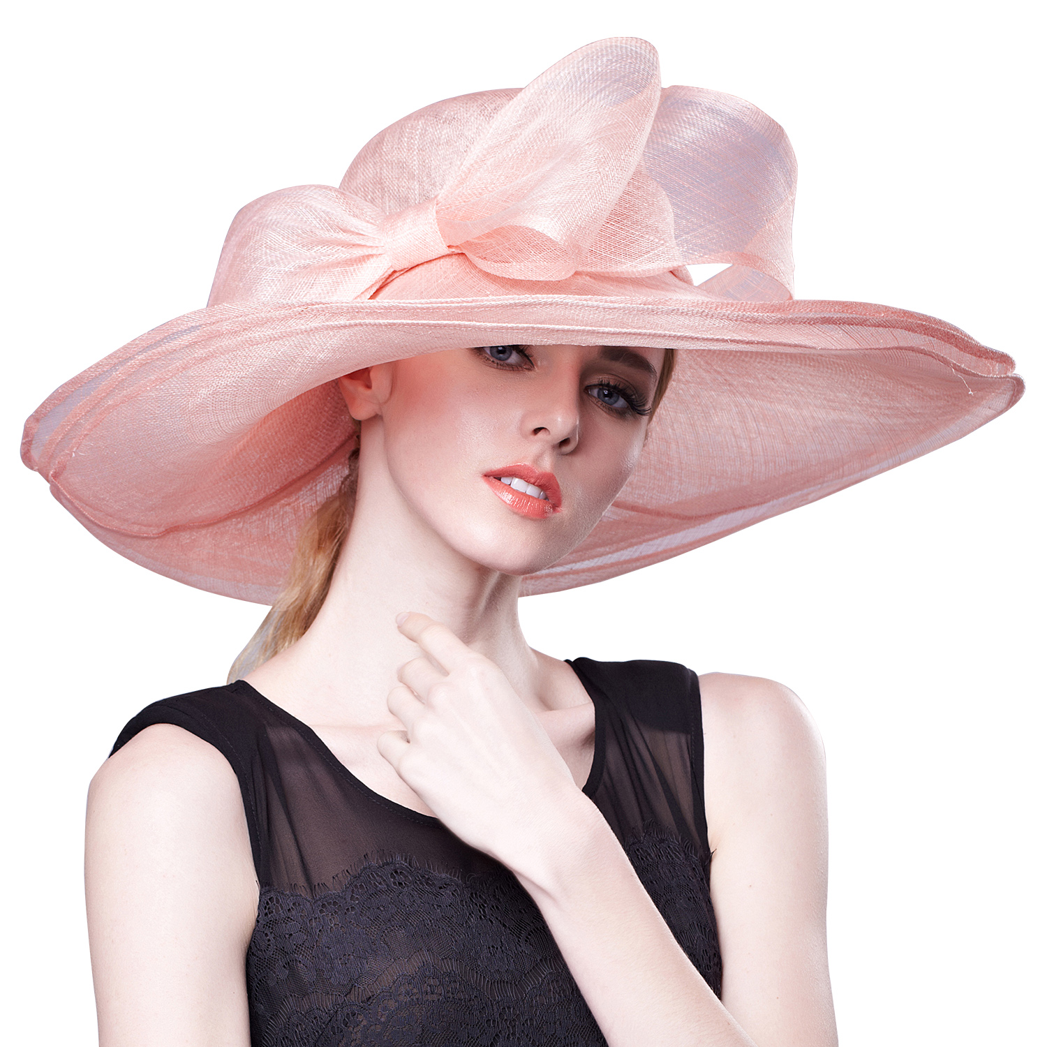 High Quality Elegant Sinamay Ladies White Large Brim Sinamay Lady Church Hats