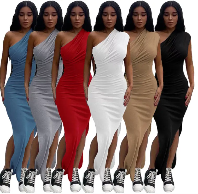 Plus Size Xxl Size Manufacturer Wholesale Solid Color Slim Long Dress Sleeveless 1 Shoulder Bodycon Women Elegant Casual Dress