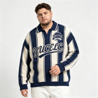 Pulls en maille pour hommes OEM à rayures verticales bleu marine et blanc, col côtelé, avec logo et écusson brodés en chenille personnalisés