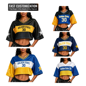 Tailgate Party Mesh Jersey <strong>Crop</strong> <strong>Top</strong> Women <strong>Golden</strong> State Team Fan Wear Sporty Girl Y2K Streetwear Drop Shoulder Jersey T Shirt - Product Image 1