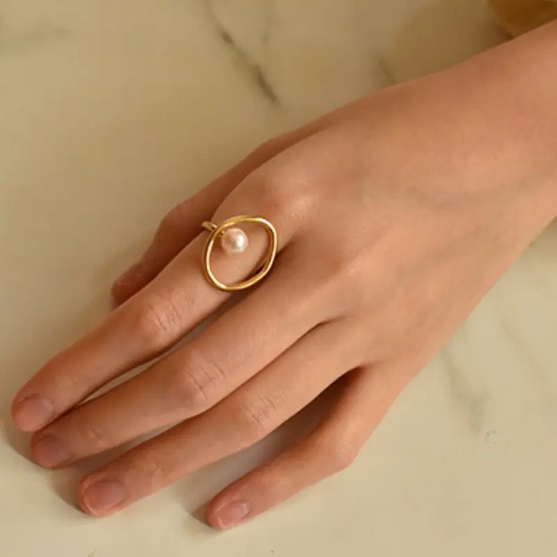 Anéis de ouro irregular redondos ap244, anel de pérola falso minimalista, dourado com presentes românticos
