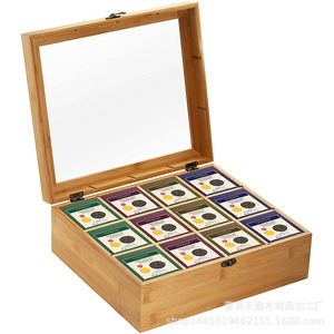 Caja de té de bambú y madera, recipiente cuadrado de bambú con doce compartimentos para guardar té, para artículos de Año Nuevo, caja de regalo para bolsitas de té, estilo chino - Product Image 1