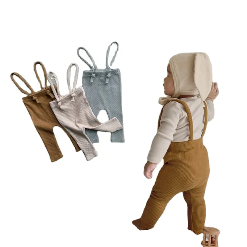 סיטונאי תינוק יוניסקס כותנה צלעות לסרוג צועד מכנסיים עם כתפיות תינוק יוניסקס מכנסיים מתכוונן קשר רצועות חותלות