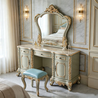 Table de toilette de luxe européenne en bois massif sculpté doré avec miroir et tabouret pour chambre de villa – Vente en gros