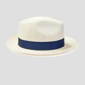 unisex's White Straw Fedora Hat, Short Brim Panama Hat with Navy Blue Ribbon & Feather, Breathable Summer Sun Hat for Men - Product Image 1