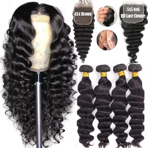 Lots de cheveux naturels indiens, 3 en 1, non traités, lisses, avec Lace Closure Hd, Deep Wave, Body Wave, avec Lace Closure