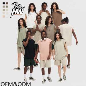 T-shirt sans manches col rond unisexe en pur coton 270g, style streetwear américain, traitement anti-plis, motif uni - Product Image 1