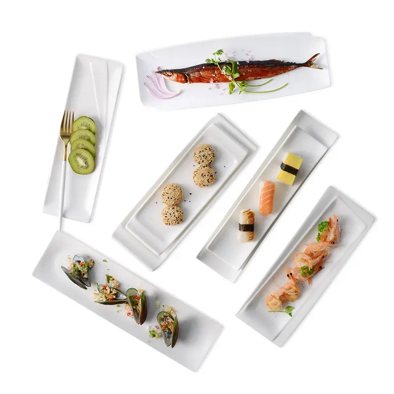Savall Horeca piring persegi panjang, piring datar Sushi putih Jepang untuk makanan Barat