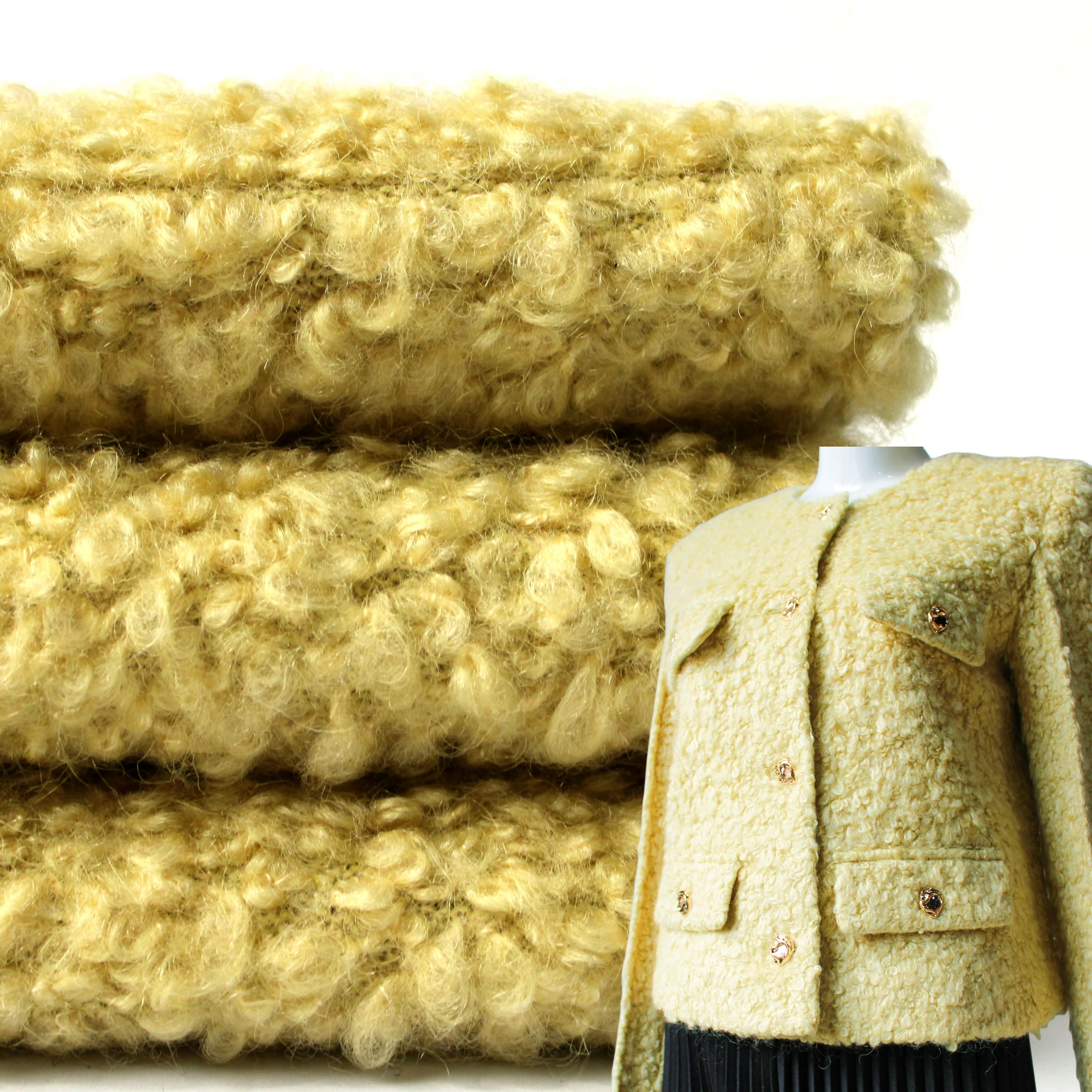 26 27 Fashion Popular Clothing Fabric Wholesale Yellow Boucle Style Cashmere Soft Comfortable Mohair Wool Tweed Fabric for Women