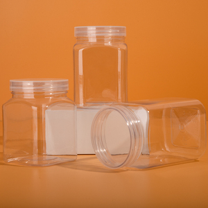 Wholesale Square Shape 280ml 300ml 360ml Clear PET Jars Food Storage Jars Plastic Candy Jar with Aluminum Lid