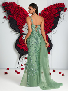 Elegante <span class=keywords><strong>Abito</strong></span> da Sera Vintage per Donne <span class=keywords><strong>Monospalla</strong></span> con Spacco Alto, Strass e <span class=keywords><strong>Lungo</strong></span> Strascico Impero fino al Pavimento - Product Image 6