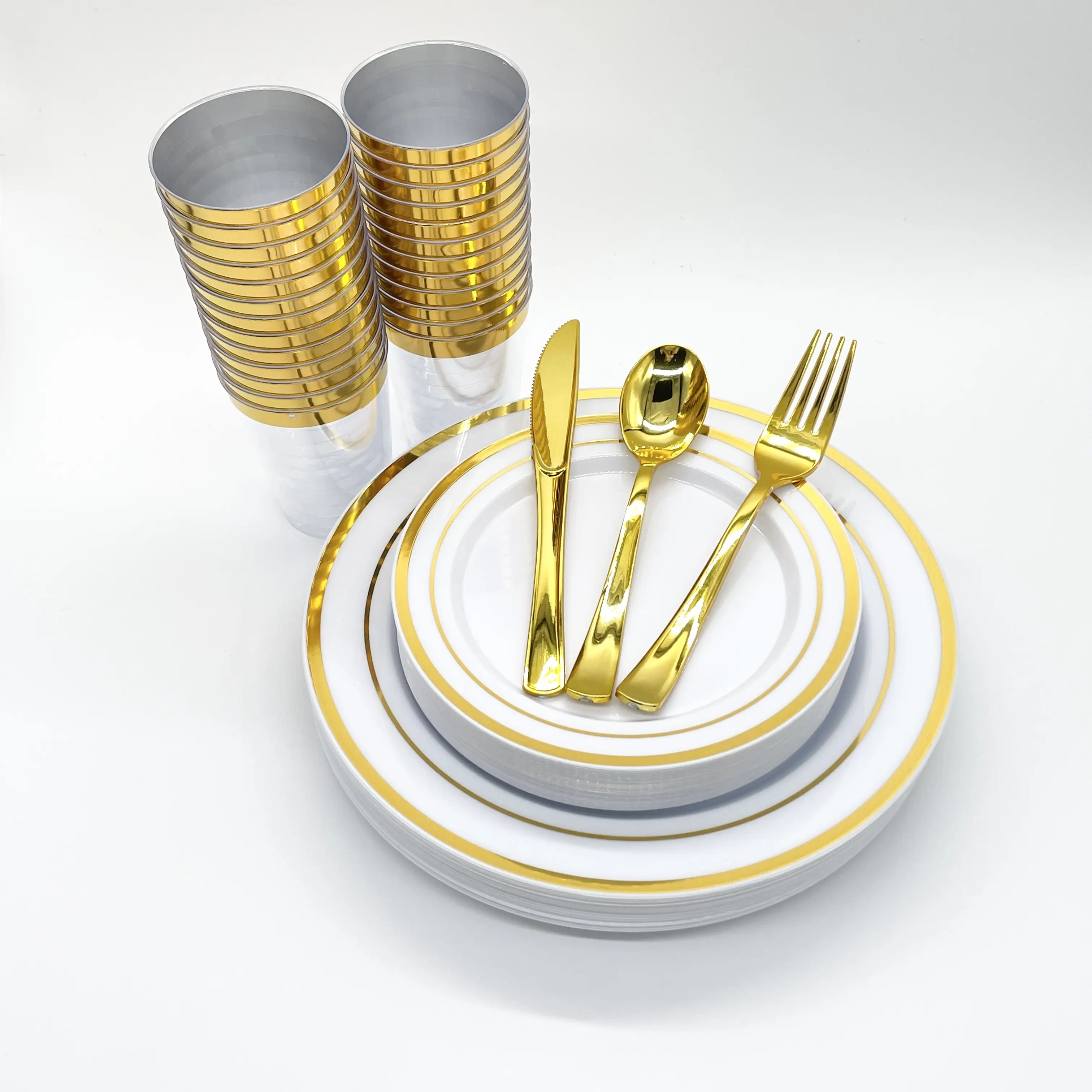 Hot Selling 7" 10" Disposable Gold Rim Plastic Plates Plastic Silverware Dinnerware Sets Plastic Cups for 25 people