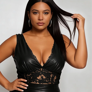 Robe mini moulante noire avec détail en dentelle transparente à la taille - Col en V profond sans manches pour tous les jours/soirées - Product Image 1