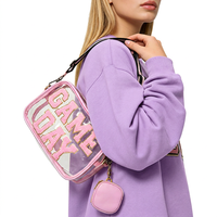 Sac bandoulière transparent en PVC avec patch lettre en chenille, sac à bandoulière transparent approuvé pour les stades avec mini pochette pour événements sportifs
