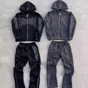 ชุดวอร์มซักลายกรดสำหรับผู้ชายผ้าคอตตอน100% พร้อมซิป & พลอยเทียมสำหรับพัฟพิมพ์ลายกรดออกแบบได้ตามต้องการสำหรับฤดูหนาว - Product Image 1