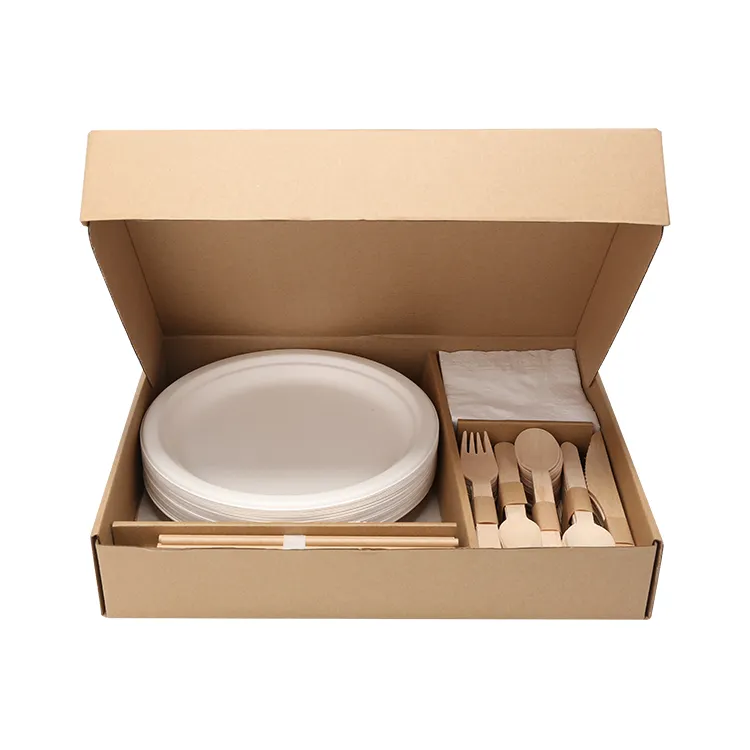 MB240 40 Guest Wooden Spoon Fork Knife & 9 "No Plastic Sugarcane/Bagasse Dishes & Plates Party Dinnerware/Tableware/Dinner Set