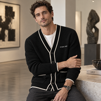 Cardigan pour homme à col en V, boutonné, en maille texturée, décontracté, à manches longues avec poches, logo personnalisé, OEM, ODM, vente en gros
