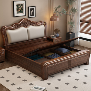 Walnut Solid Wood <b>Bed</b> 1.5M Double Storage High-End <b>Antique</b> Style Bedroom Furniture 1.8M Large <b>Bed</b> - Product Image 2