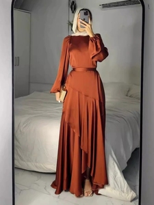Robe longue <span class=keywords><strong>en</strong></span> satin élégante à taille naturelle, à volants, respirante, silhouette <span class=keywords><strong>trompette</strong></span>/sirène, pour fête de l'Aïd, abaya - Product Image 2