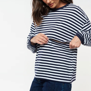 Blusa de Lactancia Casual para Mujer, Transpirable, con Cuello Redondo, Manga Larga, Diseño a Rayas, en Capas, Excelente para Todas las Temporadas - Product Image 1