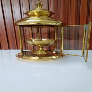 <b>Brass</b> House Frame Glass Akhand Jyoti Diya <b>Lantern</b> Stand Holder Base for Home Temple, available at wholesale prices. - Product Image 1